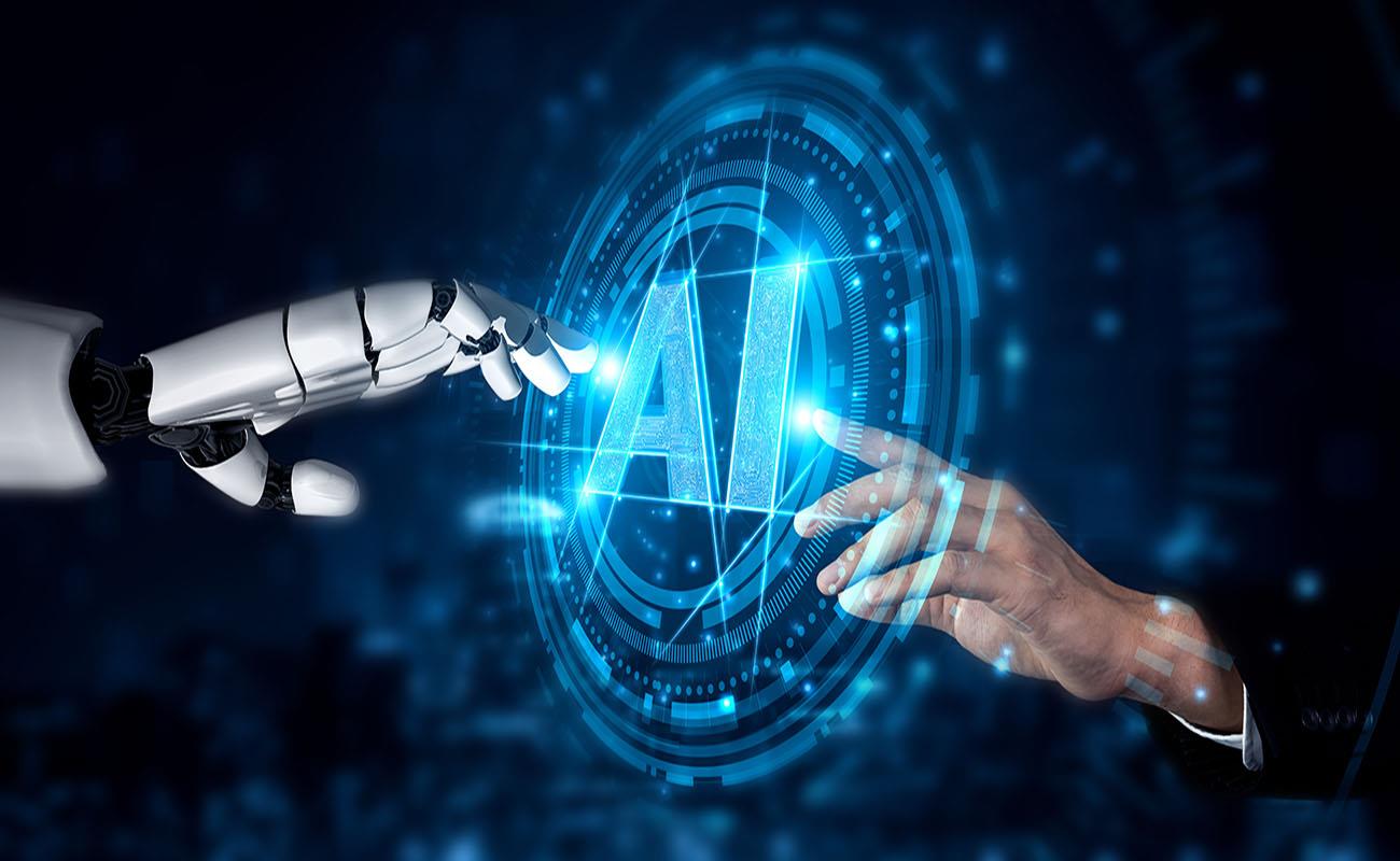 人類與機械手共同觸碰 AI 數位介面，象徵智慧科技與企業服務整合